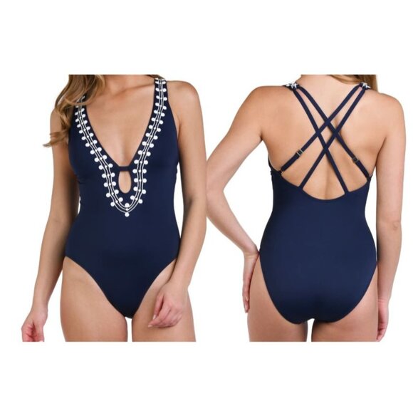La Blanca Navy White Sea Scallops Multi-Strap Plunge One Piece Swimsuit Sz 12 - Picture 1 of 9
